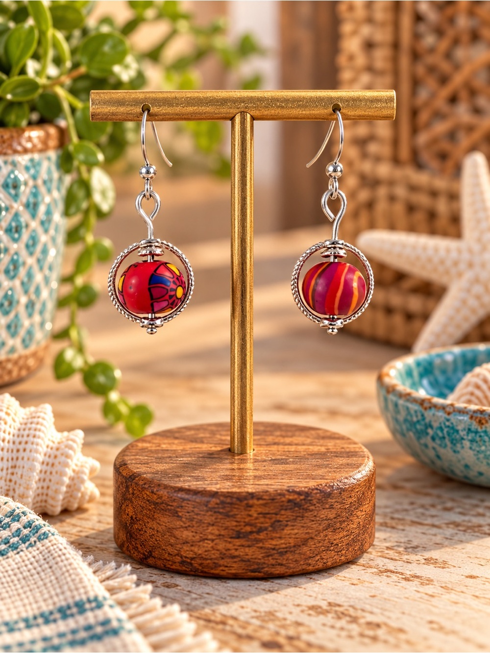 Handcrafted Red and Pink Bead Drop Earrings - Silver-Tone Accents